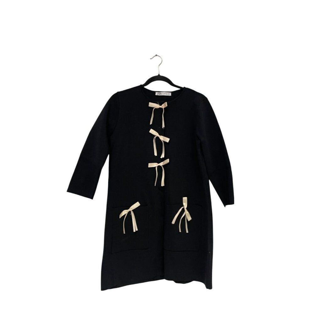 Zara Womens Sweater Bow Dress L Large Black Knit 3/4 Sleeve 2142/201 NWOT
